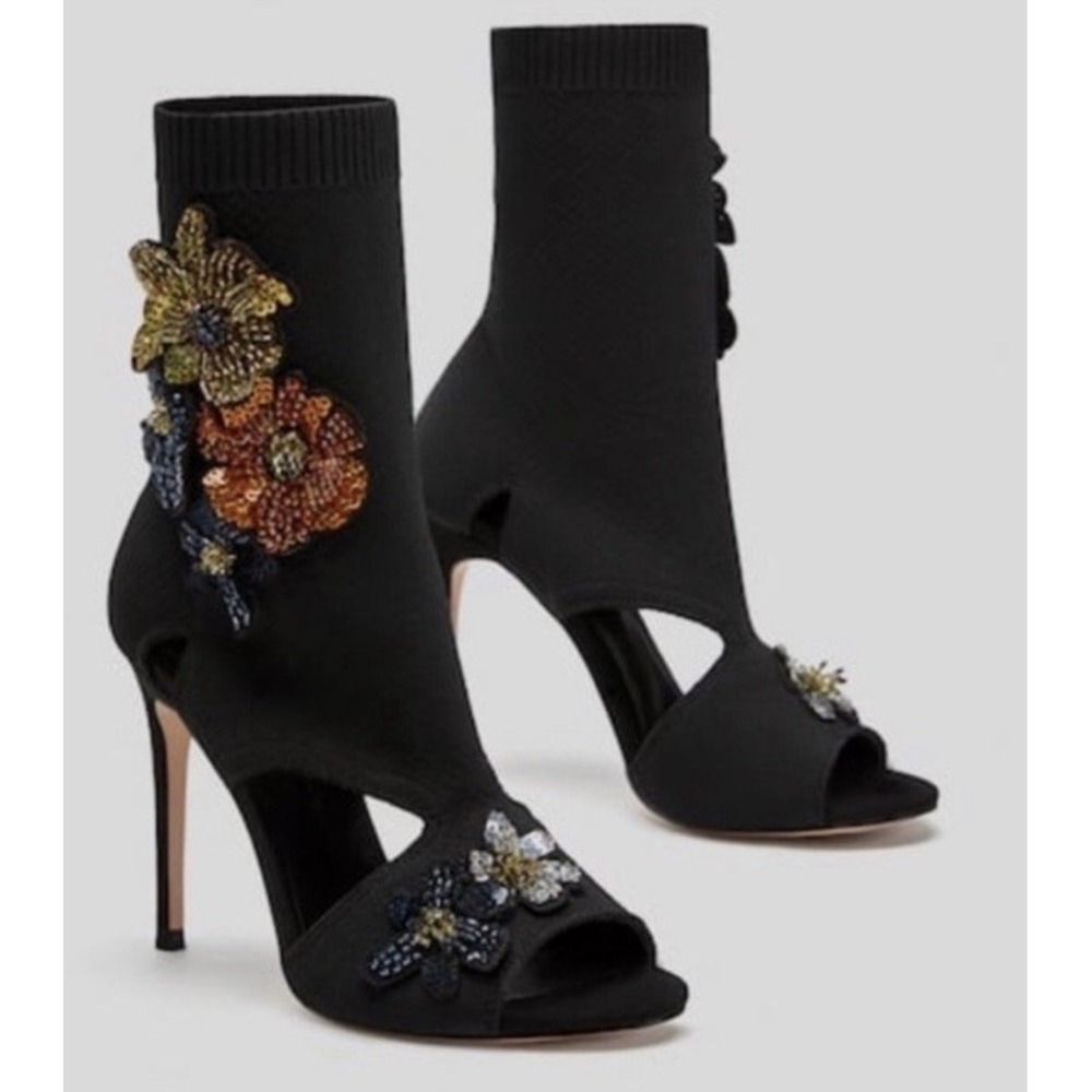 Zara Basic Collection High Sock Black Floral Sequin Heel Size 5 (14-b4)